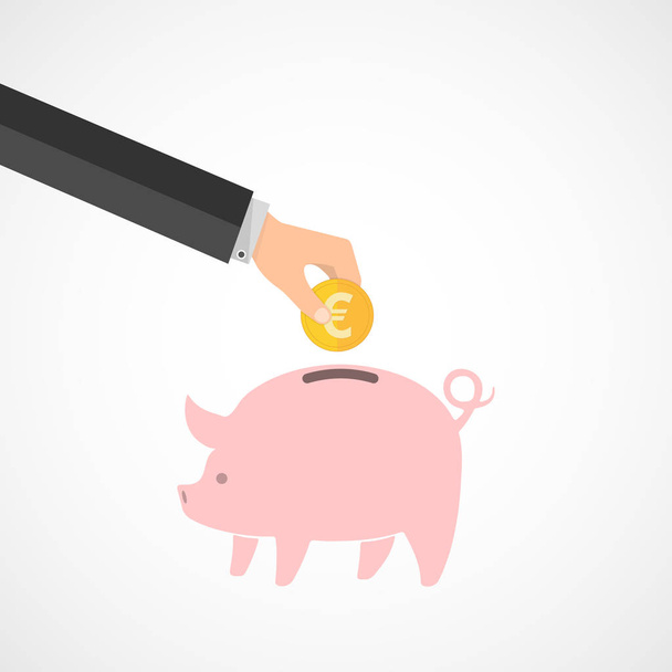 Piggy bank and hand with coin. Vector illustration. - Vector, Image