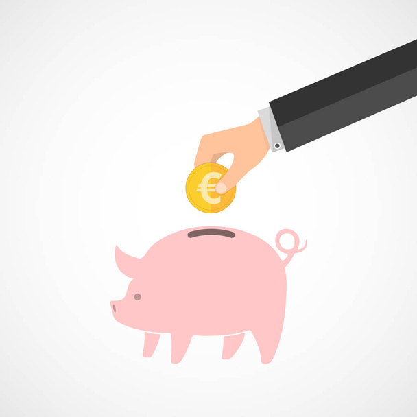Piggy bank and hand with coin. Vector illustration. - Vector, Image