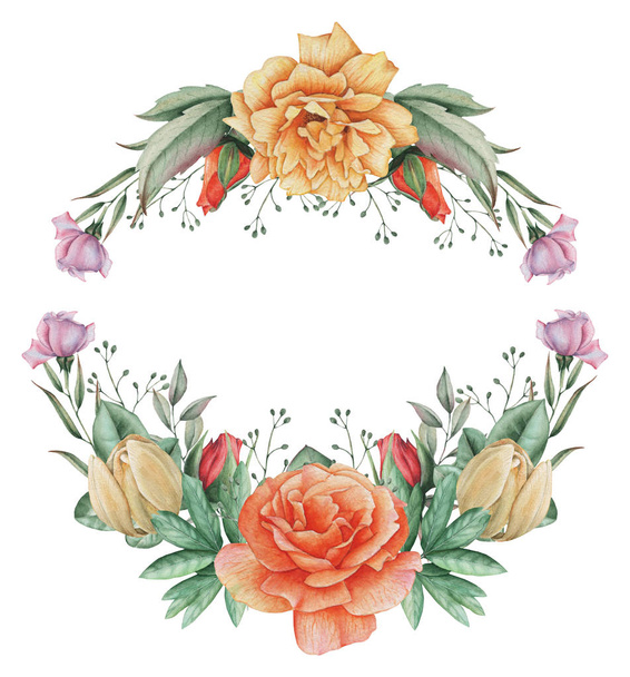 Hand painted watercolor wreath of Flowers and Leaves, isolated on white background - Φωτογραφία, εικόνα