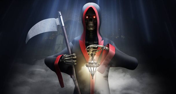 Death with a scythe at the cemetery 3d render background - Фото, изображение