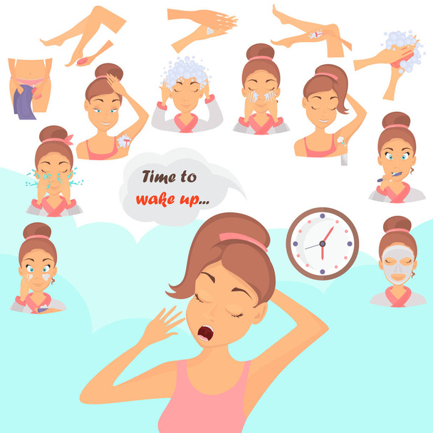 Morning girl hygiene color flat icons set. Girl awakening illustration for web and mobile design - Vetor, Imagem