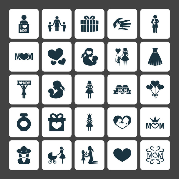 Mothers Day Icon Design Concept. Set di 25 elementi come figlia, abito da sera e persone. Bei simboli per il bambino, la donna e la sera
. - Vettoriali, immagini