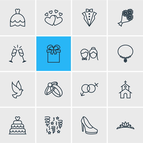 Illustration vectorielle de 16 icônes de mariage. Pack modifiable de couple, pigeon, bâtiment et autres éléments
. - Vecteur, image