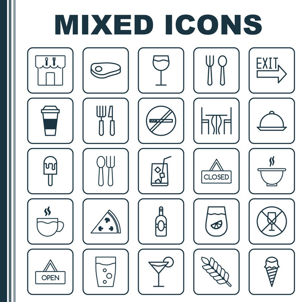 Café-Icons gesetzt. Sammlung von Brettern, Türen, Weingläsern und anderen Elementen. enthält auch Symbole wie Tee, Cocktail, Gabel. - Vektor, Bild