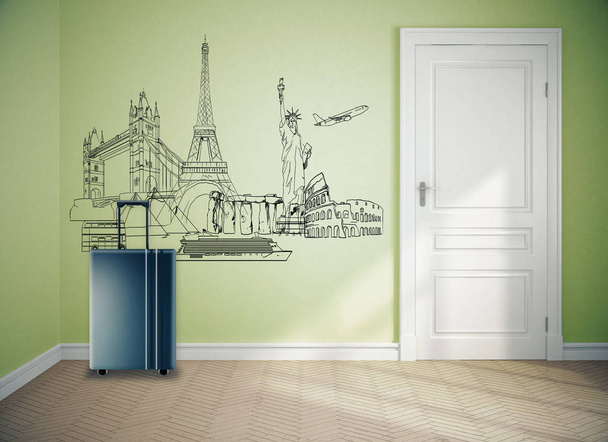 スーツケースは、旅行スケッチの緑色の部屋に配置します。移動の概念。3 d レンダリング  - 写真・画像