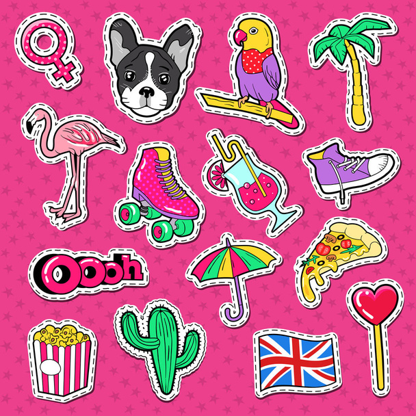 Vacances à la plage Doodle. Stickers Mode de vie Jeune Femme, Badges et Patchs avec Oiseau Flamant et Cocktail. Illustration vectorielle
 - Vecteur, image