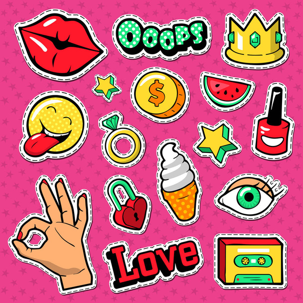 Doodle de mode femme moderne avec lèvres, couronne et diamants. Stickers, Badges et Patchs de Style Adolescent. Illustration vectorielle
 - Vecteur, image