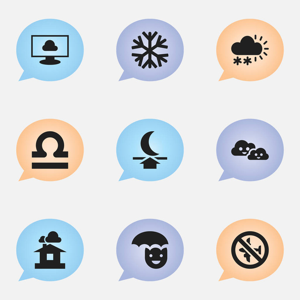 Set Of 9 Editable Climate Icons. Includes Symbols Such As Happy Man, No Flight, Domicile And More. Can Be Used For Web, Mobile, UI And Infographic Design. - Vector, Image