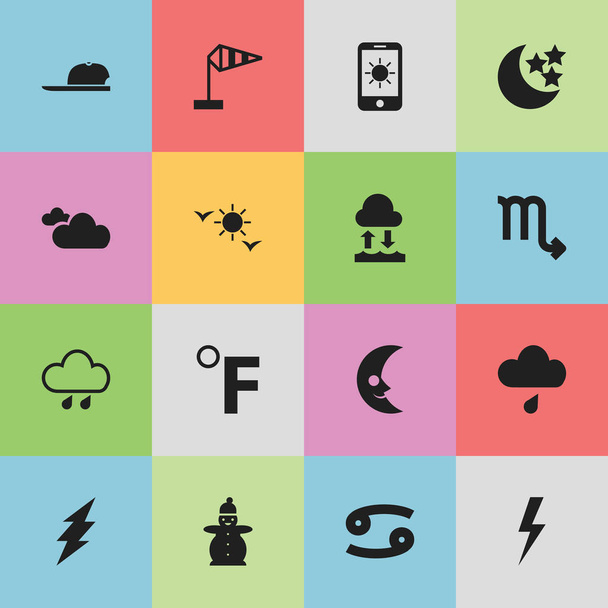 Satz von 16 editierbaren Wettersymbolen. beinhaltet Symbole wie Temperaturskala, Sonne im Display, Regenwolken und mehr. kann für Web-, Mobil-, UI- und Infografik-Design verwendet werden. - Vektor, Bild