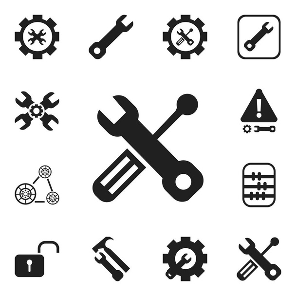 Satz von 12 editierbaren Toolkit-Symbolen. beinhaltet Symbole wie Schraubenschlüssel Reparatur, Baugeräte, Arithmetik und vieles mehr. kann für Web-, Mobil-, UI- und Infografik-Design verwendet werden. - Vektor, Bild
