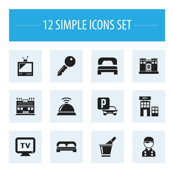 Készlet 12 szerkeszthető Motel ikonok. Magában foglalja a szimbólumok, mint a Monitor, alvás, erőd, és több. Lehet használni a Web, mobil, Ui és Infographic Design. - Vektor, kép