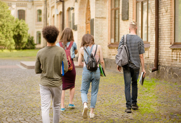 Rear view of young students going to college. - Foto, Bild