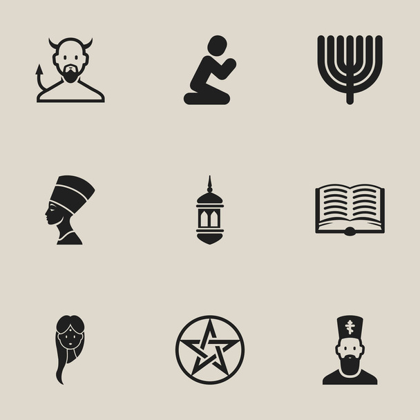 Zestaw 9 ikon można edytować religii. Zawiera symbole, takie jak Orison, Minaret, Pentagram i więcej. Mogą być używane dla sieci Web, mobilnych, interfejsu użytkownika i Infographic Design. - Wektor, obraz