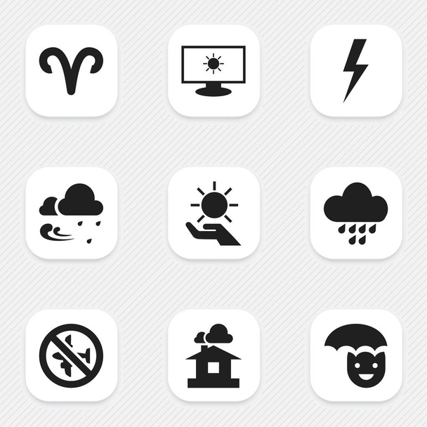 Набір з 9 для редагування погода іконок. Включає в себе символи, такі як Ram, постійне місце проживання, буря і багато іншого. Може використовуватися для веб, мобільні, призначеного для користувача інтерфейсу і інфографіки дизайн. - Вектор, зображення