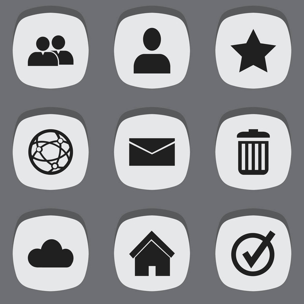 Conjunto de 9 iconos editables de Internet. Incluye símbolos como cielo, marcador, papelera de reciclaje y más. Puede ser utilizado para el diseño de la tela, móvil, interfaz de usuario e infografía
. - Vector, imagen