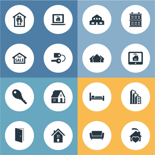 Vector Illustration Set Of Simple Property Icons. Elements Structure, Online Property, Apartment And Other Synonyms Residence, Estate And Entrance. - Vector, Imagen