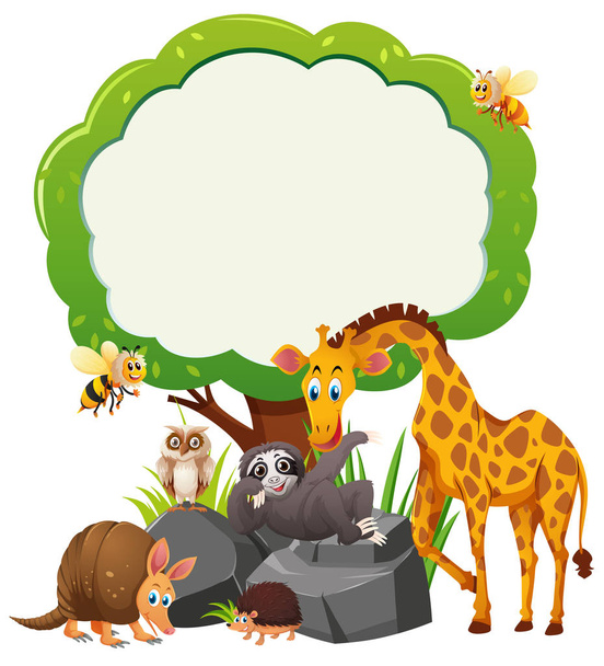 Шаблон границы с дикими животными под деревом
 - Вектор,изображение