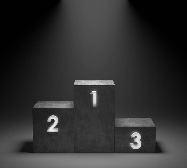 Empty winners concrete podium with neon number  glowing light on spotlight background. 3D rendering. - Photo, Image