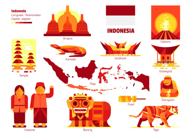 Indonézia, megjelölés és szimbólum, vektor infographics illusztráció. - Vektor, kép