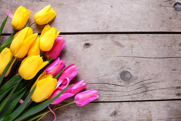 Bright pink and yellow  spring tulips - Fotó, kép