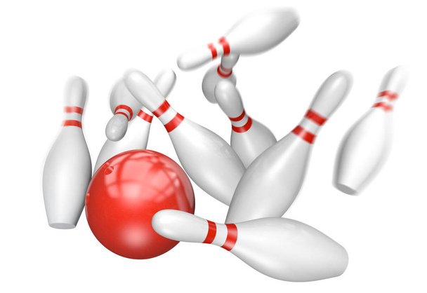 Bowling concept de grève d'une boule rouge renversant dix broches, rendu 3D
 - Photo, image