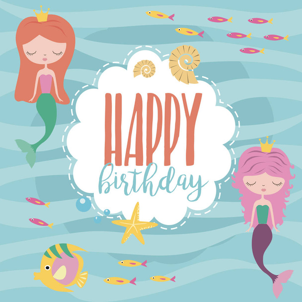Happy Birthday card with mermaid and sea life - Vector, Imagen