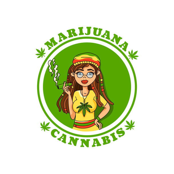 Label with rastafari girl. Marijuana, cannabis. Medical logo with woman.  - Vector, Image