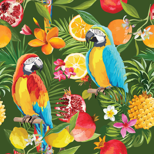 Varrat nélküli trópusi gyümölcsöket és papagáj minta vektor. Gránátalma, citrom, narancs színű virágok, levelek és gyümölcsök háttér. - Vektor, kép