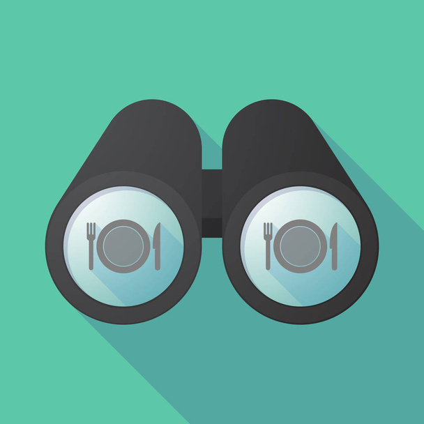 Long shadow binoculars with  a dish, knife and a fork icon - Vector, Image