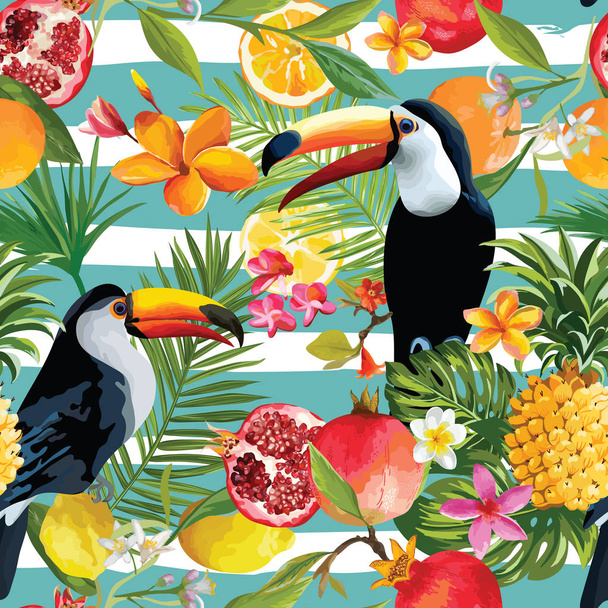 Seamless Tropical Fruits and Toucan Pattern in Vector. Pomegranate, Lemon, Orange Flowers, Leaves and Fruits Background. - Διάνυσμα, εικόνα