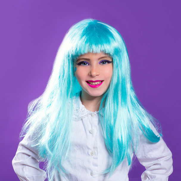 Children girl with blue truquoise long wig as fashiondoll - Foto, immagini