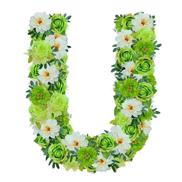Letter U from green and white flowers isolated on white with wor - Φωτογραφία, εικόνα