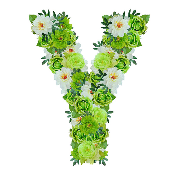 Letter Y from green and white flowers isolated on white with wor - Foto, afbeelding