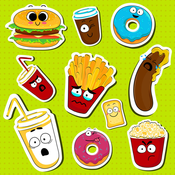 Dibujos animados comida rápida lindo carácter cara pegatinas
. - Vector, imagen