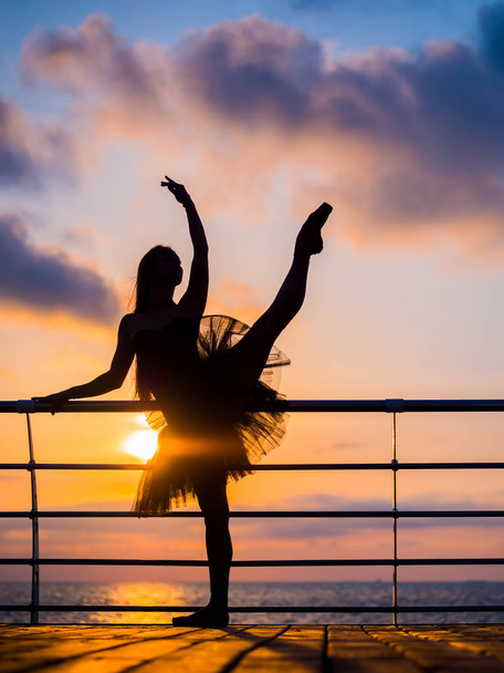 Silhouette of dancing ballerina in black ballet tutu and pointe on embankment above ocean or sea at sunrise or sunset. Young attractive blonde woman with long hair practicing stretching and exercises. - Valokuva, kuva