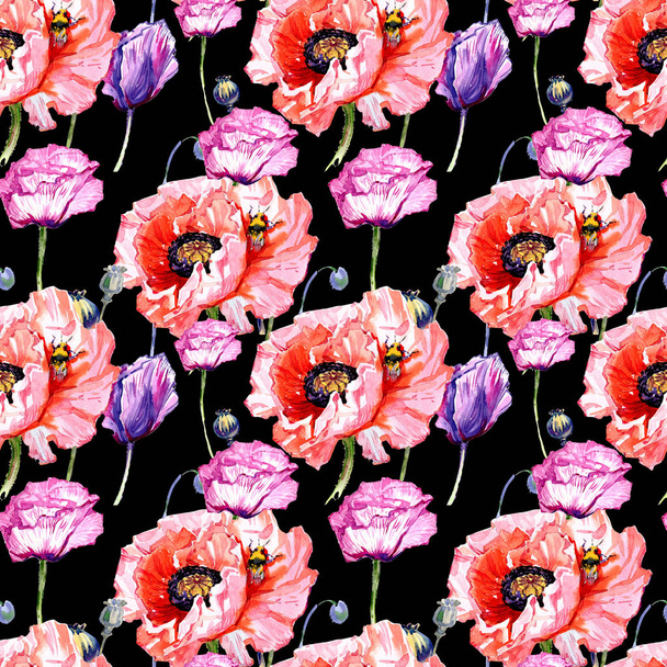 Wildblumen-Mohn Blumenmuster im Aquarell-Stil. - Foto, Bild
