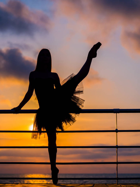 Silhouette of dancing ballerina in black ballet tutu and pointe on embankment above ocean or sea at sunrise or sunset. Young attractive blonde woman with long hair practicing stretching and exercises. - Фото, изображение