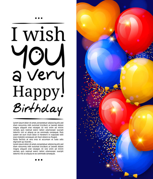 Ευχετήρια κάρτα γενεθλίων με ρεαλιστική Κόμματος πολύχρωμο μπαλόνια και κομψά γράμματα σε φόντο. Διάνυσμα. - Διάνυσμα, εικόνα