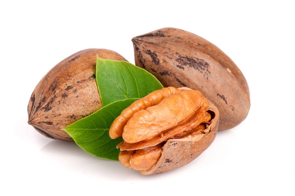 Three pecan with leaves isolated on white background - Photo, Image