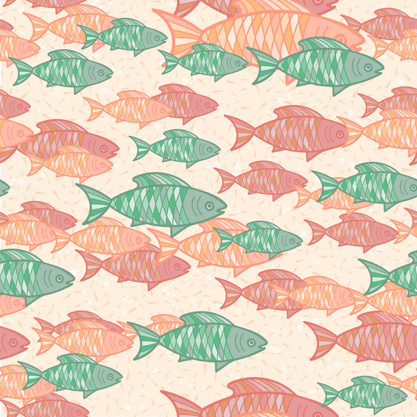 Vector seamless background with hand drawn orange and green fish - Vector, Imagen