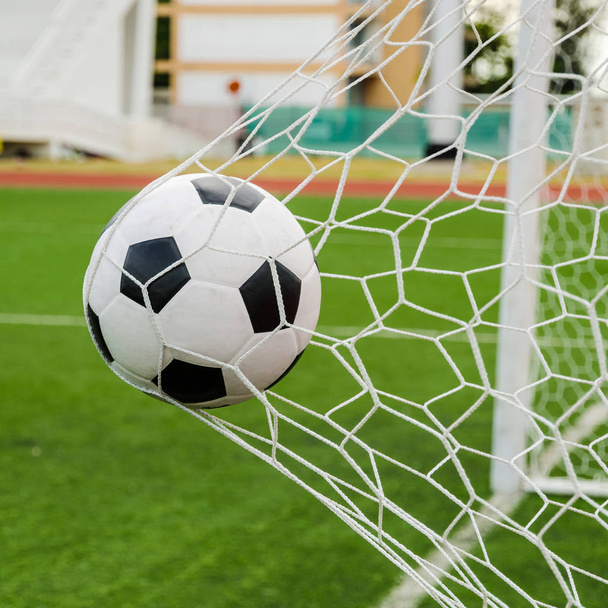 Soccer football in Goal net with green grass field. - Zdjęcie, obraz