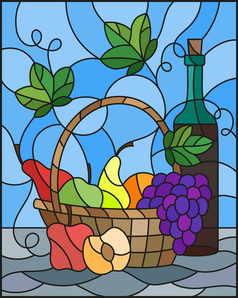 Az ábra, ólomüveg stílusú festmény, csendélet, egy üveg bor és gyümölcs, kék háttérrel - Vektor, kép