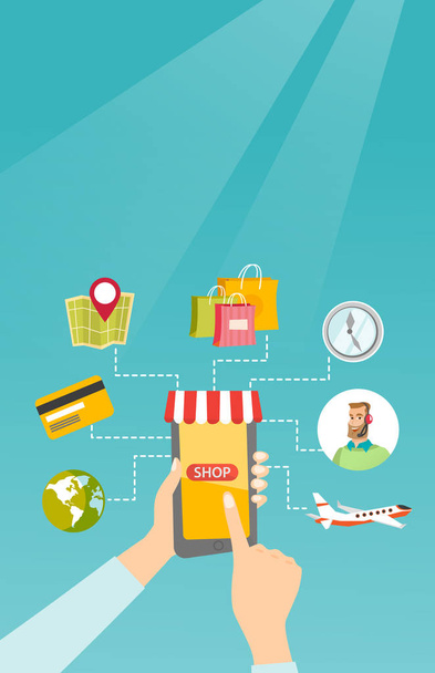 Hands holding phone connected with shopping icons. - Vector, Image