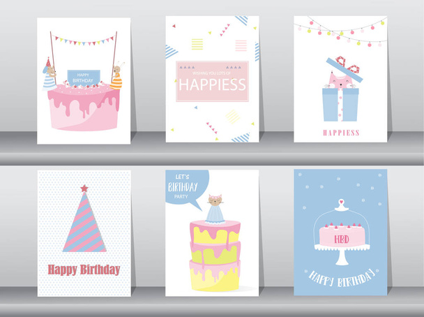 Набор поздравительных открыток на день рождения, плакат, поздравление, шаблон, кошка, торт, кролик, векторные иллюстрации
 - Вектор,изображение