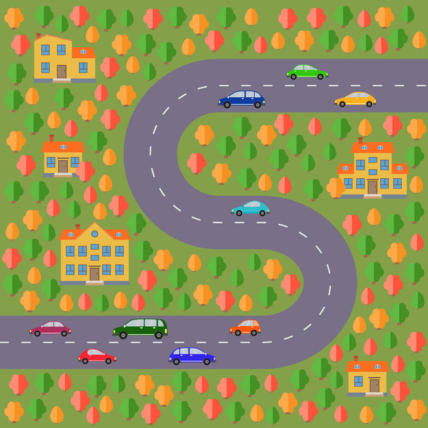 Plan du village. Paysage avec route, forêt, voitures et maisons
. - Vecteur, image