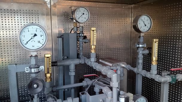 Pressure gauges installed on pipeline. Measurement of water pres - Photo, Image