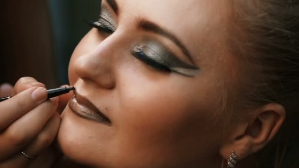 tvoří umělec dělá profesionální make-up mladé ženy - Záběry, video