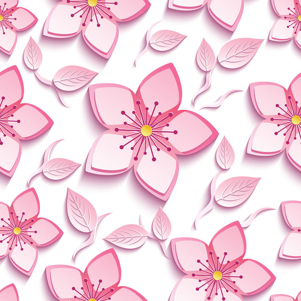 Seamless pattern with pink sakura and leaves - Vector, imagen