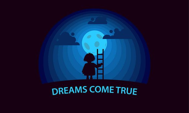 Dreams come true. Child with a stepladder on the moon background. Flat style conceptual illustration. - Vector, Image