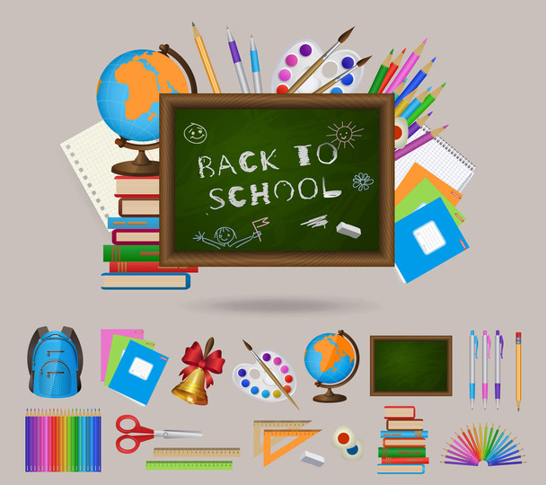Set of student items, blackboard, back to school - Vector, afbeelding
